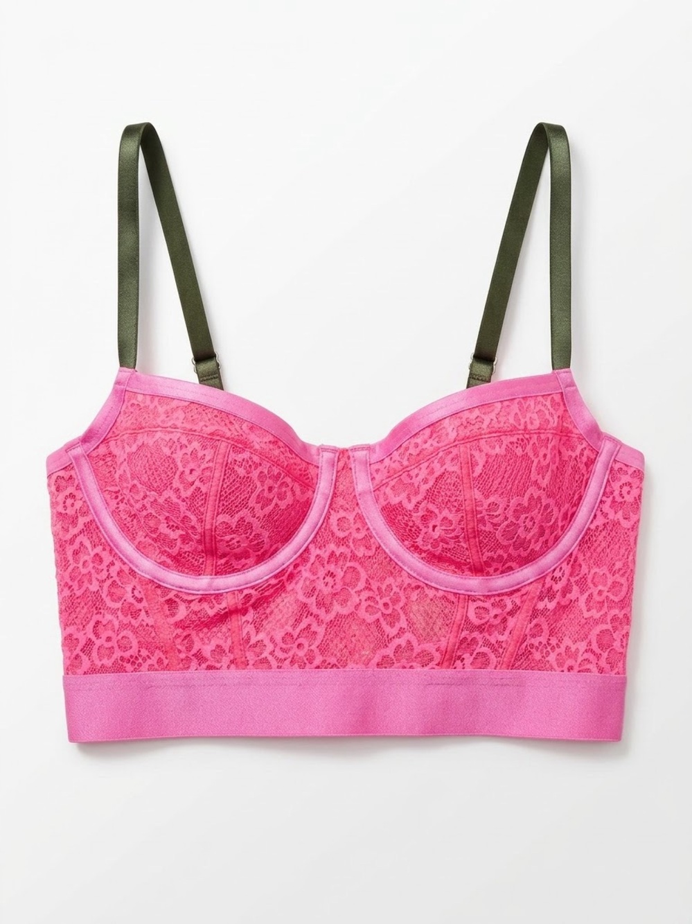 Victoria's Secret Hot Pink Lace Longline Bralette with Olive Straps